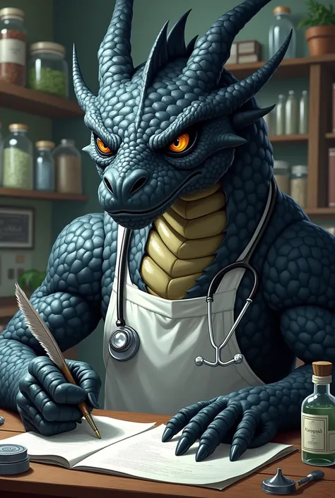 A black angry dragon wearing apron and stethoscope writing prescription 