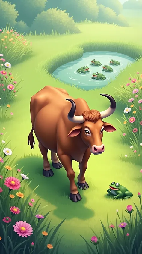 "An ox walking calmly through the field, without noticing the frogs in the background; serene and colorful illustration."