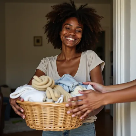 A young Black Brazilian woman, around 30 years old, in a simple and cozy domestic setting. She is holding a basket of dirty laundry and smiling with relief as she hands the basket to someone. Only the hands of the person receiving the basket are visible in...