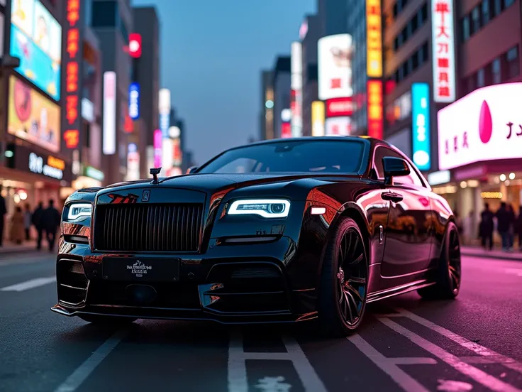 rolls royce steals the spotlight on a vibrant Tokyo street after sunset, Black paint aglow, accentuating its aerodynamic design and commanding aerodynamics, neon reflections dancing on its polished surface, neon lights,, vividly lit digital billboards, and...