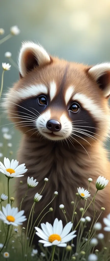 A photo of a cute, extra fluffy baby raccoon with enchanting beauty. The raccoons face is surrounded by delicate white wildflowers, with light and shadow creating a captivating pattern reminiscent of leaves and petals. The baby raccoons dark eyes reveal a ...