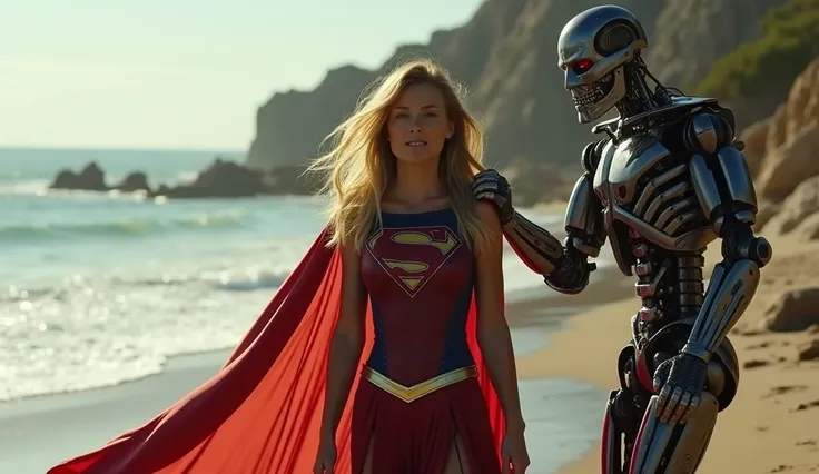 image  of Terminator graping supergirl from the hairs terminator hands on the her hairs of supergirl  crying from pain she is weak and very crying tears in eyes sad face expression in the beach like place her legs are wide  4k urta defination high details ...