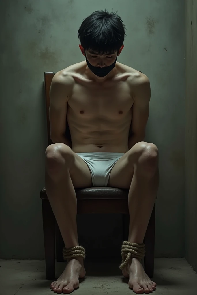 A young dark haired guy is sitting on a chair. His hands are behind his back. His feet are tied together with rope. He is wearing white Tanga briefs. His mouth is covered with black tape 