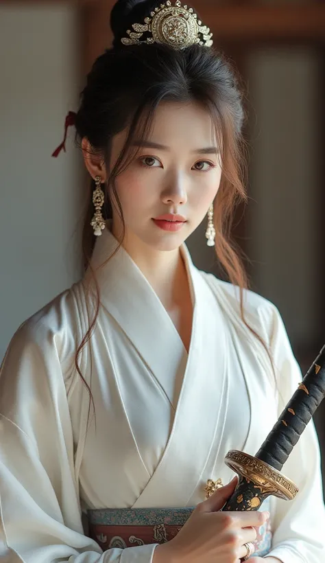 Beautiful Japanese waifu, brunette hair, traditional Chinese clothing in white, holding sword on body