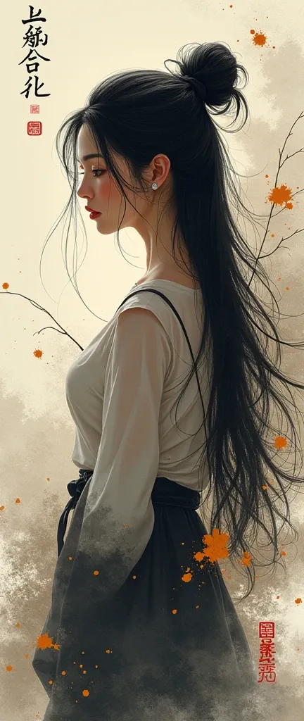 Create a detailed digital painting of a woman with long, flowing hair tied in a bun. The artwork should blend traditional ink painting elements with modern digital techniques to achieve a dynamic and expressive effect. The background should feature abstrac...