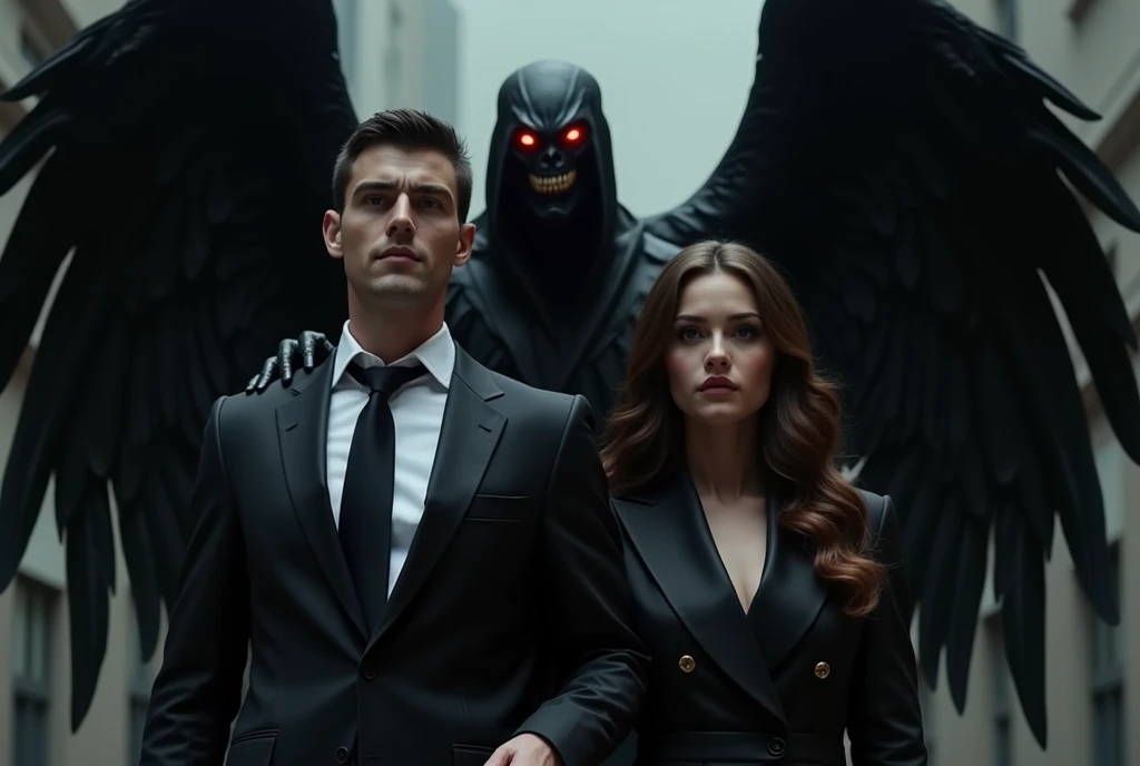 Man in a suit and well-groomed woman next to him and a red-eyed black angel behind them both with her hands on their shoulders