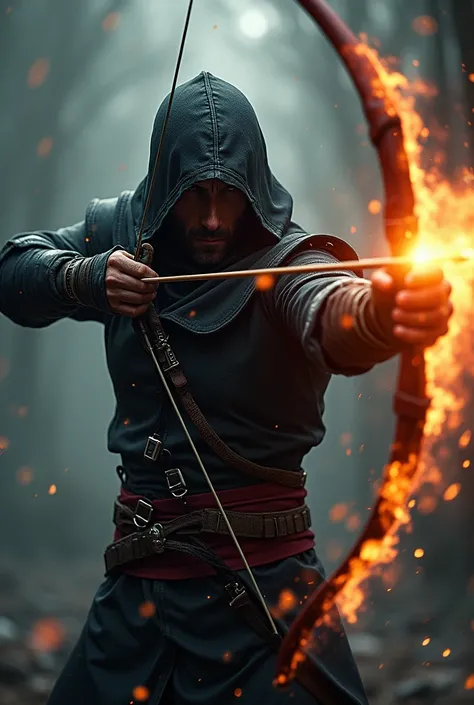 A fierce-looking assassin, wearing a hooded cloak and wielding a bow and arrow, is the central figure of the image. The character is positioned in a dynamic, mid-action stance, pulling back the bowstring with a focused expression.  Hes located in the cente...