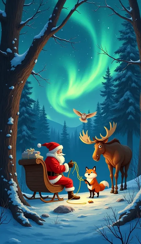 "In a peaceful grove with magical northern lights glowing in the sky, Santa and the animals work together to repair the sleigh. The fox brings tools from a mysterious hollow tree, and the moose steadies the sleigh while Santa ties the reins. The owl hovers...