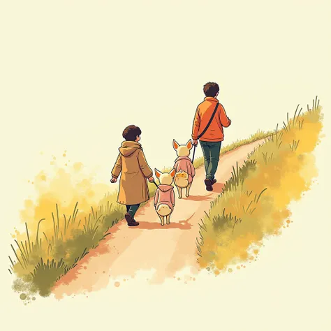 Chibi Style, dot halftone ,  drawn with crayons, Flat Color ,  Long coat chihuahuas walking uphill and taking a walk with their owners、The color of the chihuahua is cream 