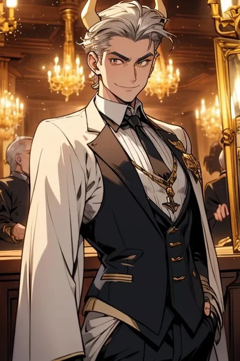 Perfect face. Perfect hands. A handsome silver haired man with golden eyes and golden horns in a Gothic suit is smiling in a Gothic ballroom