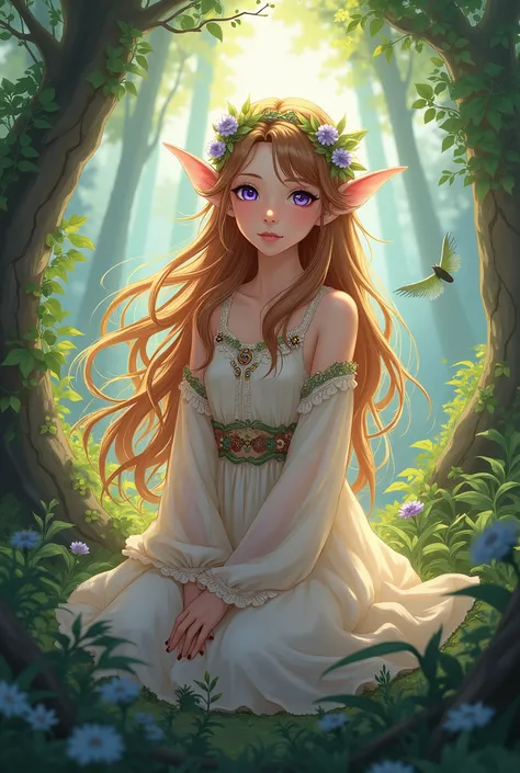 Violet-eyed girl with honey brown hair in a forest au Lua Bele like an anime-style fairy in an elf outfit 