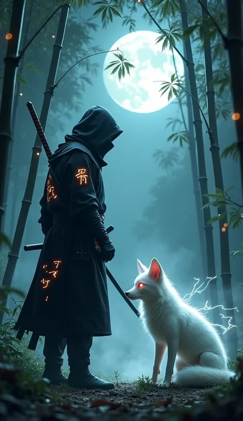 A dramatic scene featuring a Ninja and a white ghost fox facing each other in a moonlit bamboo forest. The Ninja, draped in sleek black robes with glowing spectral accents, wields a katana etched with ghostly runes, while throwing stars glint at his side. ...