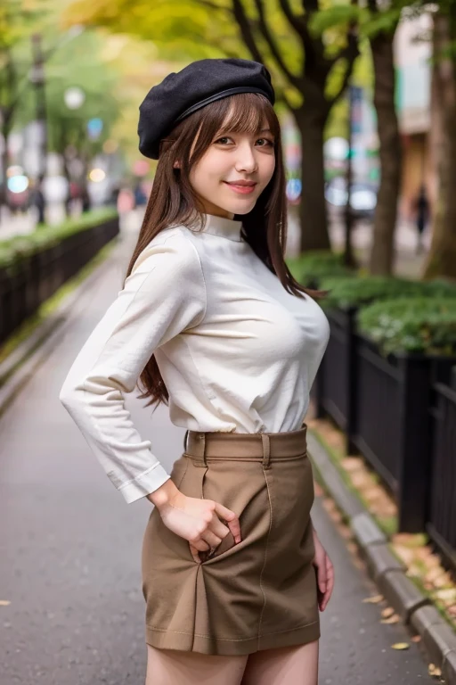 (masterpiece, best quality, perfect anatomy, highres, 8k, realistic, photorealistic, natural skin texture, no makeup:1.2), 1girl, solo, Japanese, age20, erogao, jp idol, tanukigao, shy smile, (large breasts:1.2), (perfect figure), autumn, gray long sleeve ...