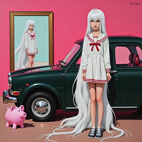  morning glow、philip guston、 Andy Warhol 、 Lolita Girl in a Beautiful Sailor Suit、 long white hair when placed on the floor 、 Reflected in Glass 、 Surrealist Paintings 、 dress,cloud, girl、１９６０Period Manga 、Japanese, 1970s fashion illustration, avant-garde ...