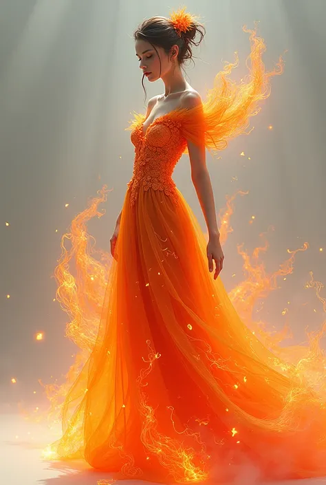 fiery dress with flames and fire 3d illustration skryst, in the style of porcelain, feminine empowerment, light gray and amber, organic material, trapped emotions depicted, flickr, fashion sketches --ar 13:9 --v 5.2