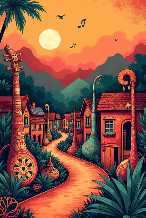 make me a poster illustration of a village in cartoon style but the buildings are replaced with musical instruments, grunge, abstract, red, Dayak motifs, comic style