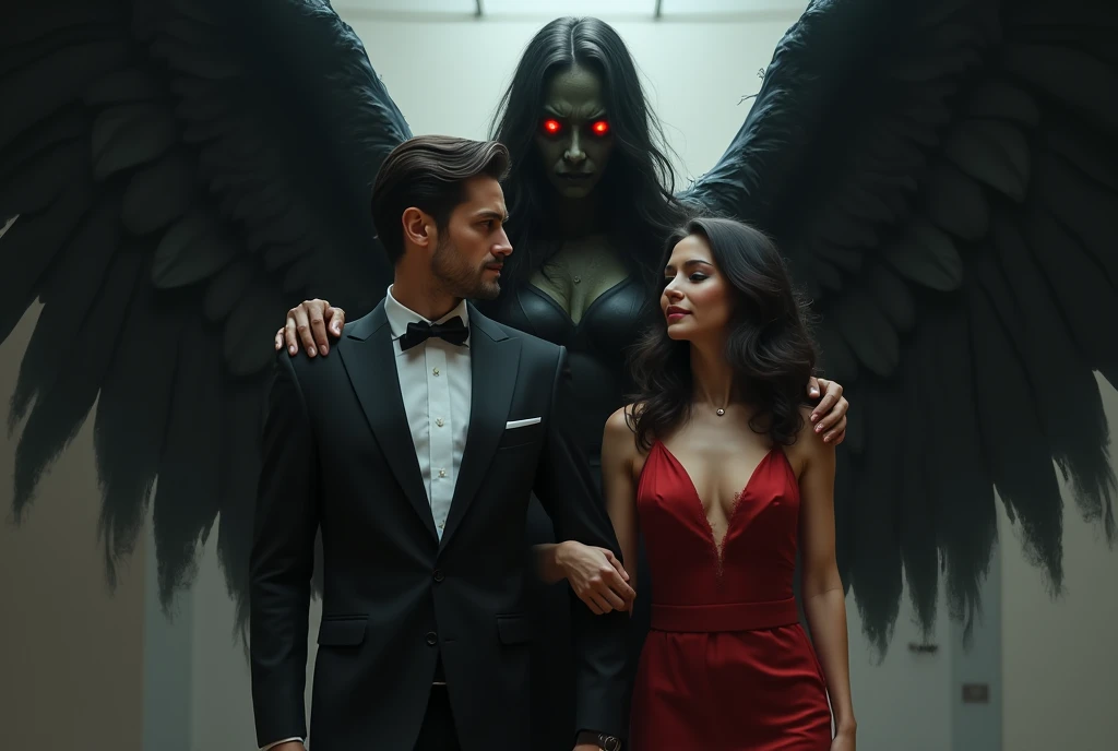 Man in a suit and well-groomed woman next to him and an angry red-eyed dark angel behind them both with her hands on their shoulders