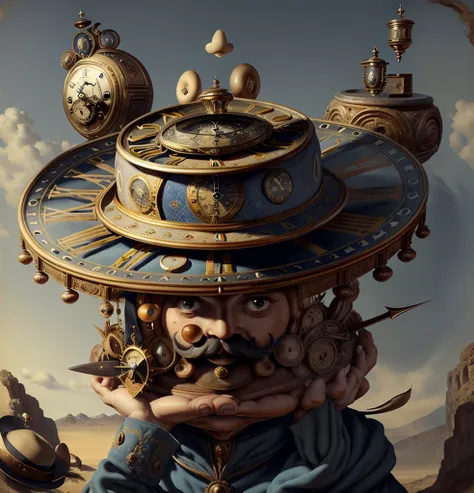 Surreal image. Spanish torrero with (mustache in the form of hands of an antique clock). A hat with a Roman numbering clock face on top and many small clocks hanging from the hat brim like drops. Dusty silk hat. Detail, a masterpiece. Blue-gold-white tone....