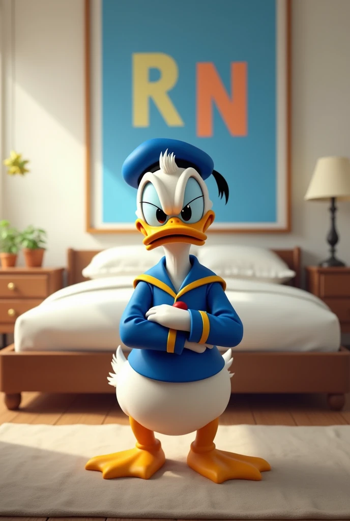 Donald Duck not happy standing in front of a bed in a bright, tidy room
A blue poster with the letters "RN" on the back wall