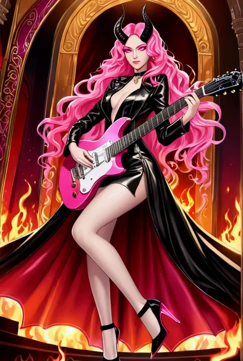 8k resolution, incredibly detailed CG, elegant yet rebellious, seductive, royal presence, mesmerizing aura, (Lillith, Princess of Lust), (guitarist, rock lover:1.3), (long wavy hair:1.3), (pink and black hair:1.3), (eyes glowing pink:1.3), (vertical pupils...