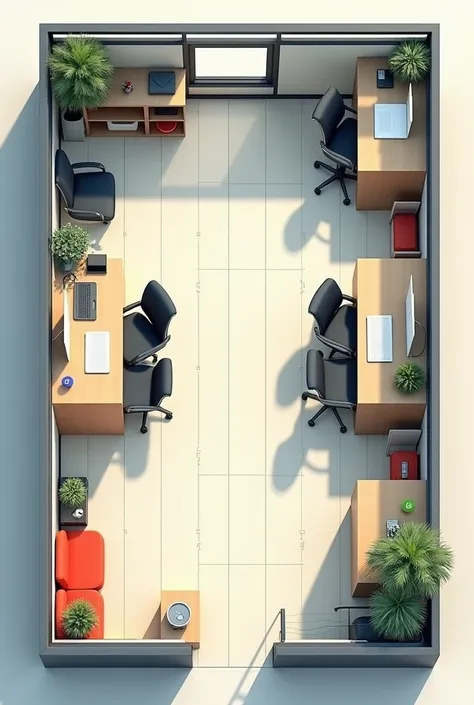  Picture of a procurement office 
with the measure 5 m x 3.50m, for 5 people with a bookcase and a place for coffee maqui and a place to serve the customer