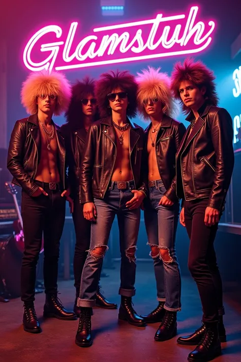 Create a vibrant album cover inspired by a 1980s glam rock band. Feature five band members with wild hairstyles and flamboyant outfits, including leather jackets, ripped jeans, and bold accessories. The background should be a gritty backstage scene, with h...