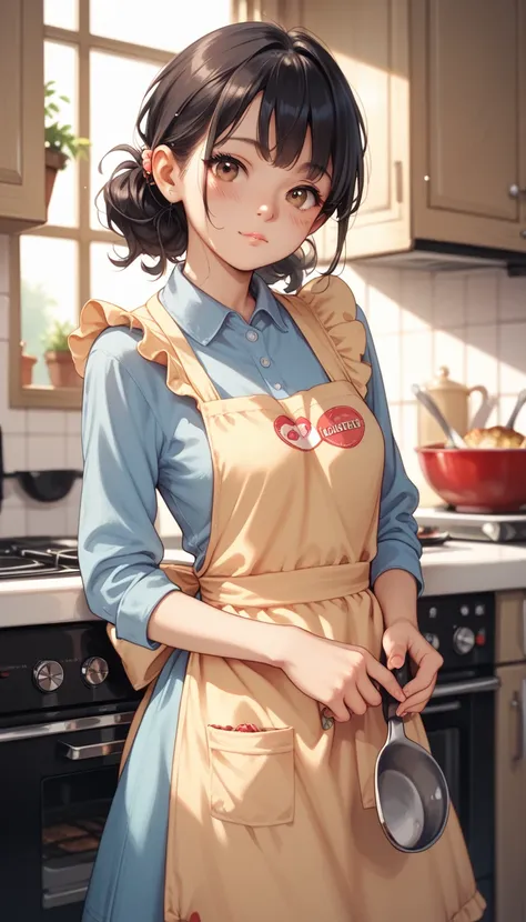 young,  black hair,  brown eyes , , blushing car , Casual clothing,  kitchen apron ,  making breakfast