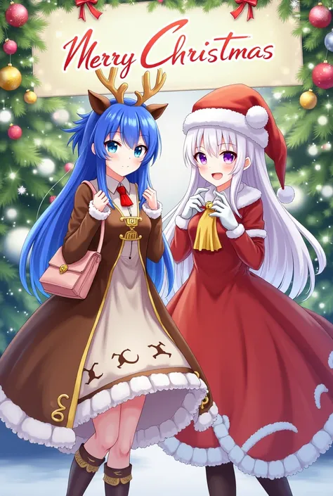 asian girl 18 years,  The picture shows two people dressed in a Christmas theme dress, colorful and with a festive feel :

 - one with blue hair and wearing a reindeer theme dress, with deer antlers and decorative bells, with a bag. Red hands
- The other h...