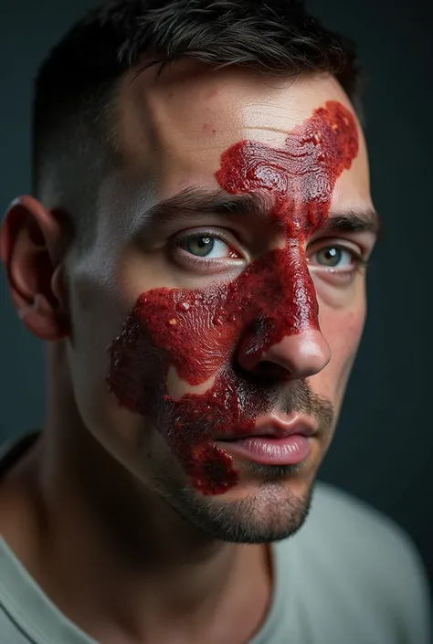 Here is a prompt you can use to generate that image:

A close-up photo of a man with a serious wound on one side of his face, showing burns and scarring. The skin on the affected side is red, blistered, and heavily scarred, with areas of darkened tissue an...