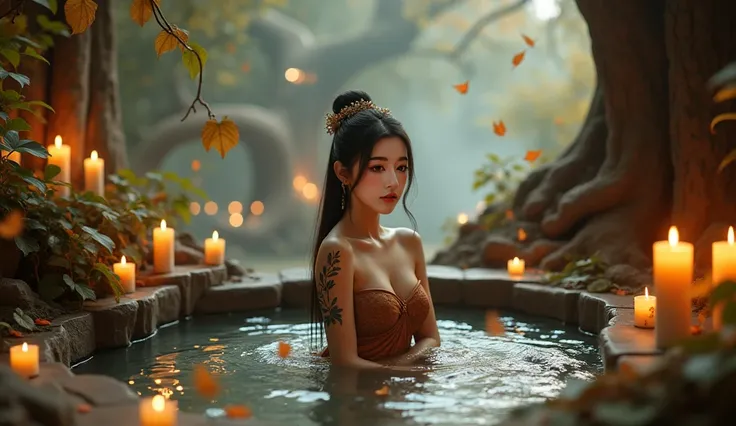 A stunning portrait of a Korean princess lounging in a luxurious and modern jacuzzi beneath a towering ancient tree in a fairy-tale garden. big breast. (Perfect anatomy, perfect facial features, sexy looking, seductive face,)(hourglass figure) expressive e...