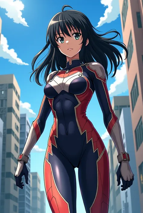 A girl from My Hero Academia with black hair and hero costume 