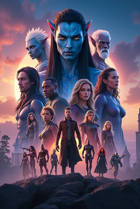 Movie poster with Avatar movie characters, free guy , marvel movies, Dc movies and Netflix famous characters