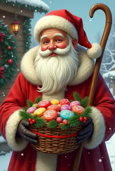 Saint Nicolas with a basket with Christmas candy decorations 