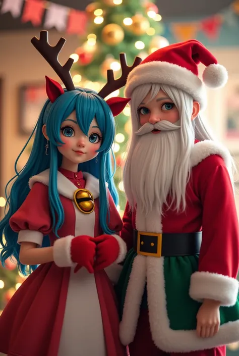 asian girl 18 years, Two people dressed in Christmas-themed costumes that are colorful and have a festive feel :  - one has blue hair and wears a reindeer-themed dress, has deer antlers and decorative bells, along with red gloves - the other has white long...