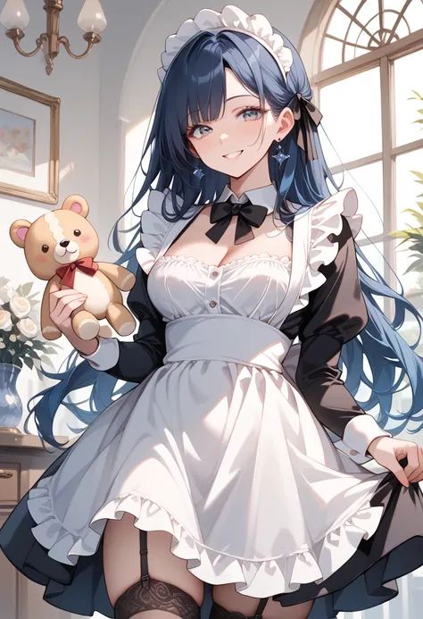 (masterpiece, best quality, ultra detailed, high resolution, detailed facial description), (1 older female:1.2), (black long hair:1.2), (maid, maid headdress, maid apron), (lace trimmed panties, garter belt), (light makeup:1.1), (light smile, seductive smi...