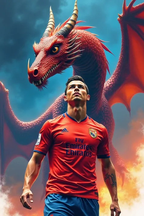 Ronaldo in front of dragon  colour drawing 