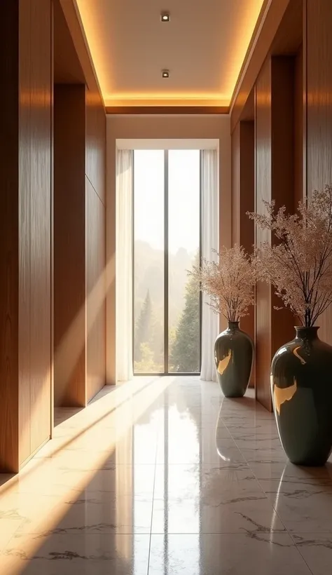 Entrance hall of a high-luxury building, fine finishes, wood, pocelain tiles, beautiful vases, sun shining through the room, minimalist high-luxury decoration