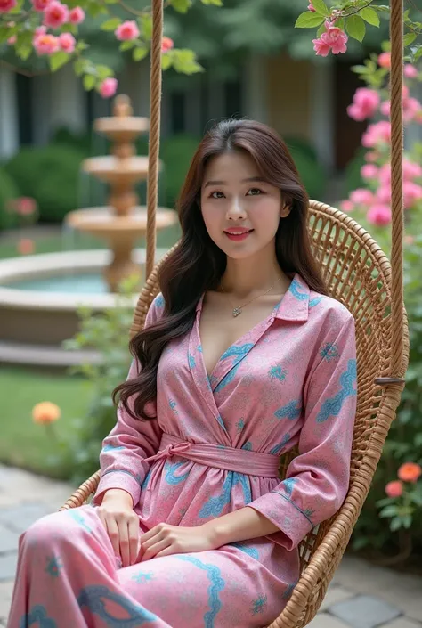  a beautiful Korean woman , proposional fat body ,sweet smile looking at the camera ,Long hair, wears a small gold necklace with a small diamond pendant ,wearing an elegant pink and bright blue batik pattern wrap dress , wear jogger pants , wears shoes hig...