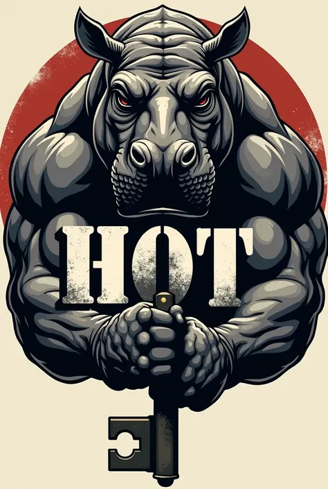 Imagine a circular logo of an aggressive muscular military hippopotamus with a French key on the hands that radiates aggressiveness, In the central part the word "hot" 