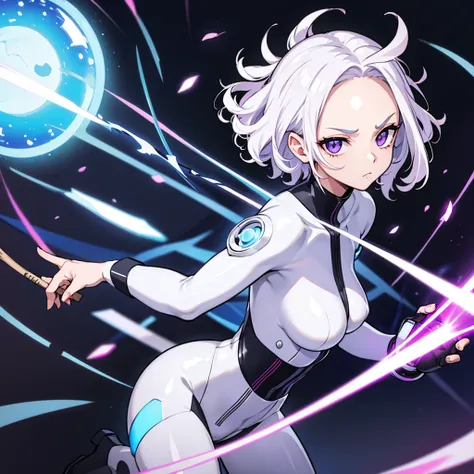 (((Solo)))、 best quality,  BEST QUALITY IN THE NORDIC PORT TOWN、 full body character concept、( purple eyes)、(((White Hair, short hair、Curly Hair、 stick out your forehead)))、SF、future、((( cyberpunk )))、((( white bodysuit that fits the skin )))、woman、18 year...