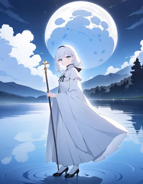  best quality,Big Moon, one girl,pope,Use a walking stick, blue eyes,lake, full moon