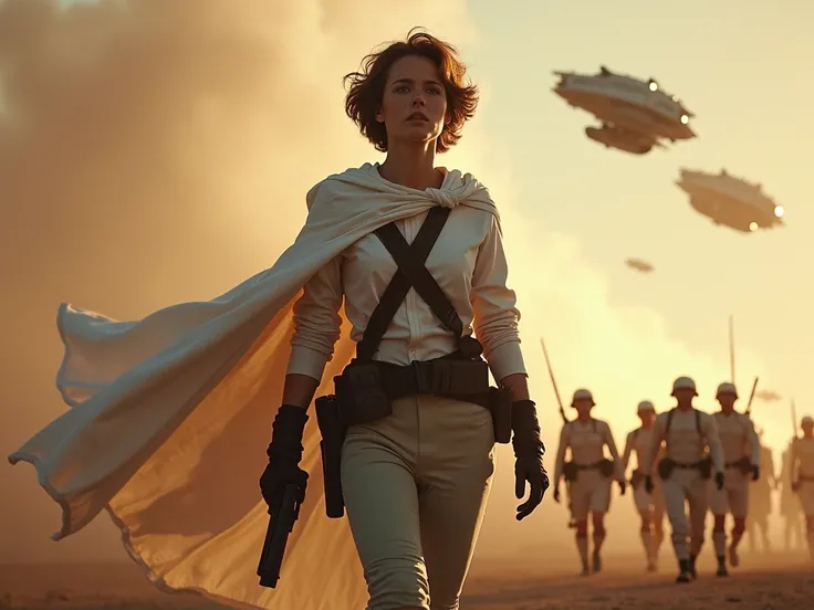 Ellen ripley tenant un drapeau blanc et un pistolet, guidant une foule de soldats et de civils avec des vaisseaux spatiaux au dessus deux. Je veux que ça soit héroïque et inspirant, un peu comme " la liberté guidant le peuple "