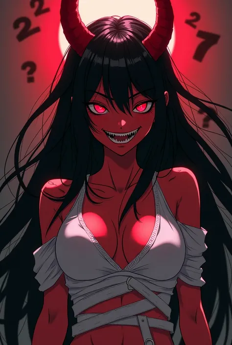 An anime style demon girl with red skin, long flowing black hair, and intense, glowing black eyes. She wears a white straitjacket, exuding madness, and her long, intimidating red horns curve upwards, further adding to her fearsome presence with a fanged gr...