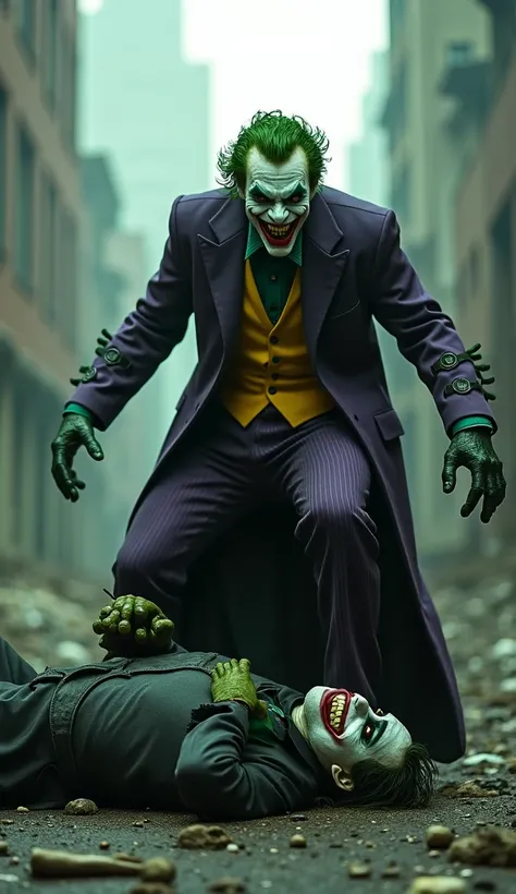 "  The Joker transforms into a monstrous green monster  ,  with shiny ,  distorted skin  ,   his eyes shine with anger  .   He steps on Batmans face  ,   crashing him against the floor of a desolate city  ,  with ruined buildings in the background .   The ...