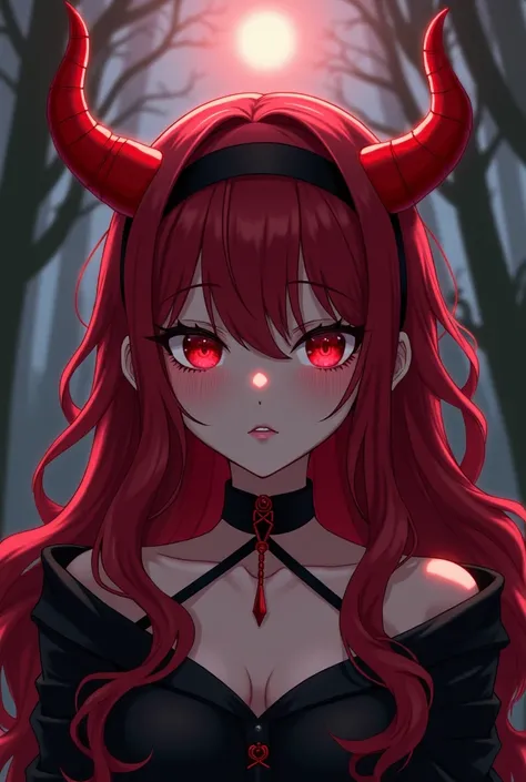 Anime goth girl white long wavy dark red hair with red horns and a black headband around her head black eyes and big lashes
