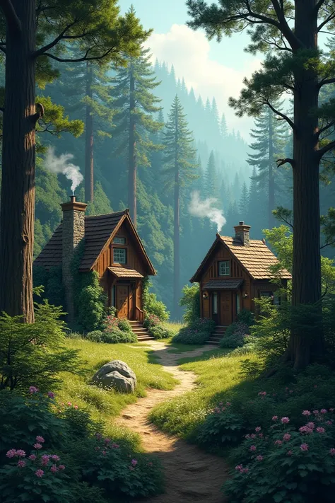 Landscapes With houses in the middle of the forest 