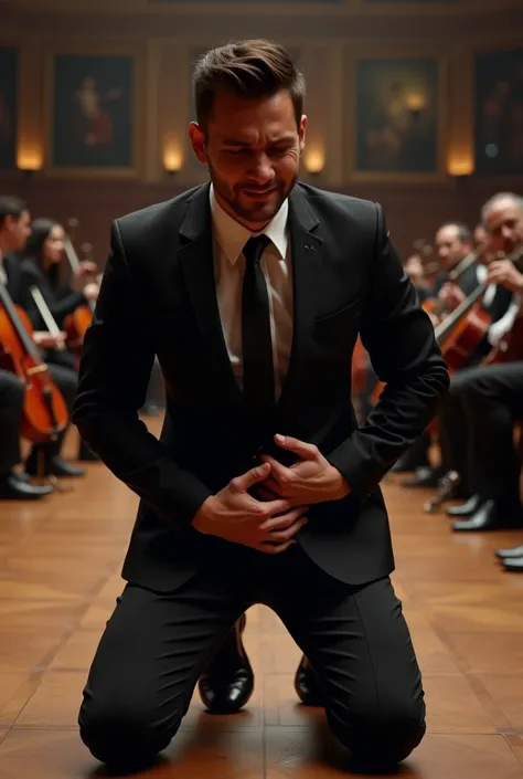 At the concert hall，young sexy argentinian men。 mans crotch testicles hurt a lot，Kneeling on the ground，Two hands hold the testicles at the crotch，grab the crotch testicles with both hands。Black leather shoes，Black socks，Black suit， black tie。