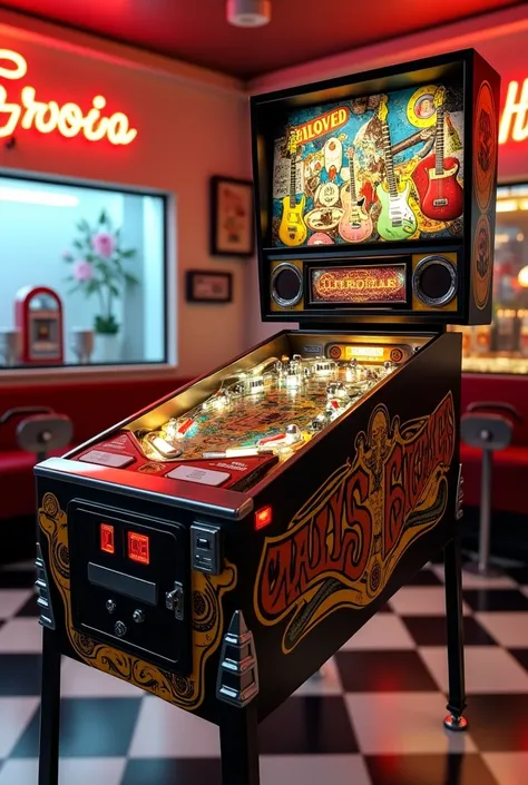 Create an ultra- realistic and dazzling photo of a vintage 
pinball machine, The pinball is decorated with symbols 
related to the Rocknroll of the sixties . The background 
features a retro diner atmosphere, with a jukebox, 
checkerboard floor, and a neon...