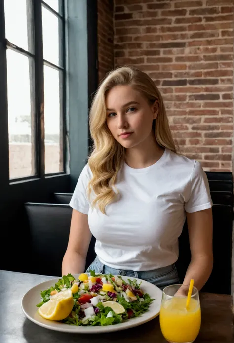  create an image of a 22-year-old woman ,  with long, slightly wavy blond hair ,  wearing a white baby tee t-shirt with a minimalist print and low-waist jeans,  combined with a black baguette bag , Wide hips, Big boobs.  She is seated in a modern restauran...