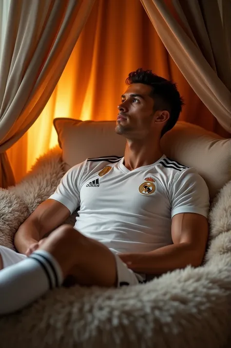 Hyper realestic  image of cristiano ronaldo he is jersy lounging nest interior team jersy.  Baground nest interior office logo highlight nest interior